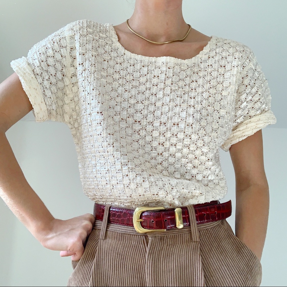 Vintage silky satin cream short sleeve blouse